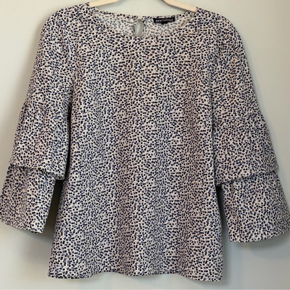 J.Crew Mercantile Blue White Ditsy Floral Tiered Bell Sleeve Blouse Top Size 10